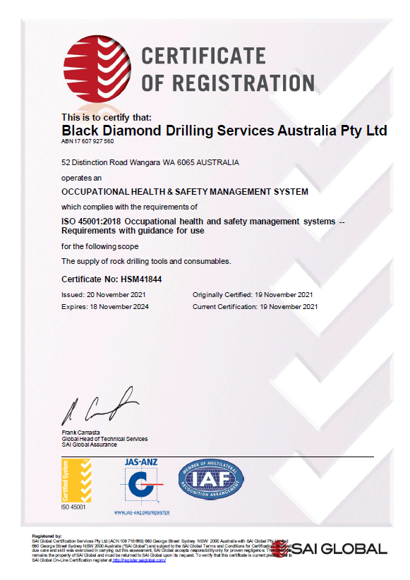 Black Diamond Awarded Occupational Health and Safety Standard HSM41844