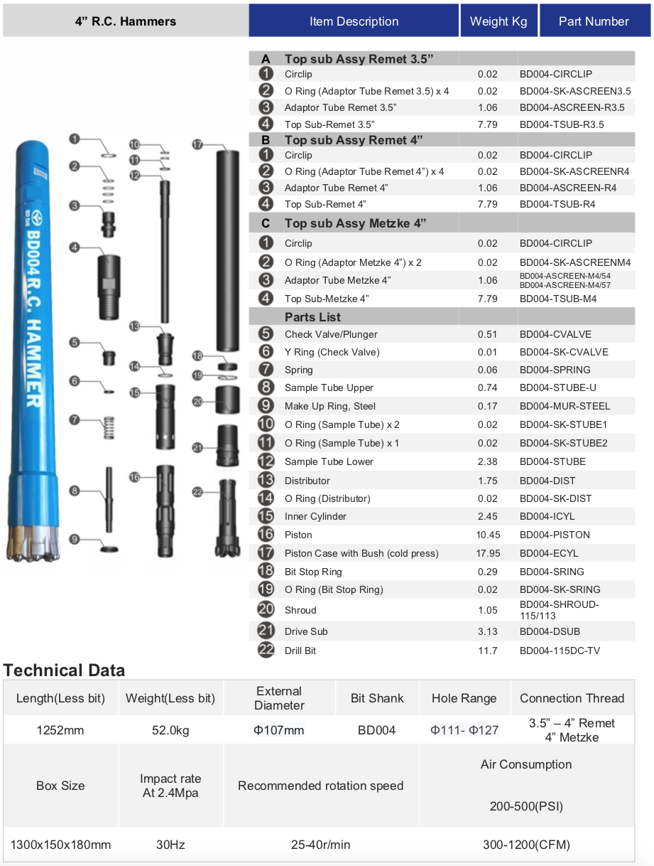 Black Diamond Drilling BD004 RC Reverse Circulation schematic parts list and technical data