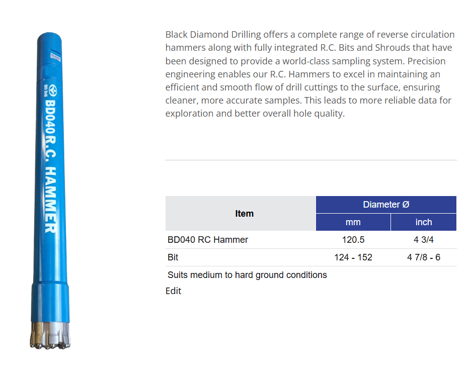 Black Diamond Drilling BD040 Reverse Circulation Hammer Information