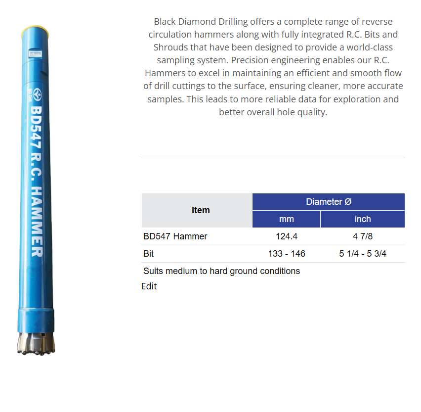 Black Diamond Drilling BD547 RC Hammer Information